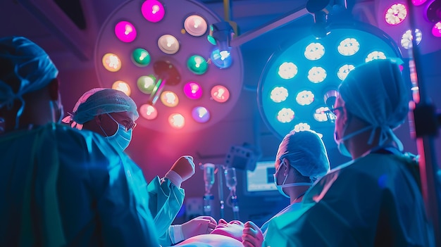 Foto cirurgiões na sala de cirurgia durante a cirurgia os médicos estão usando máscaras e vestidos