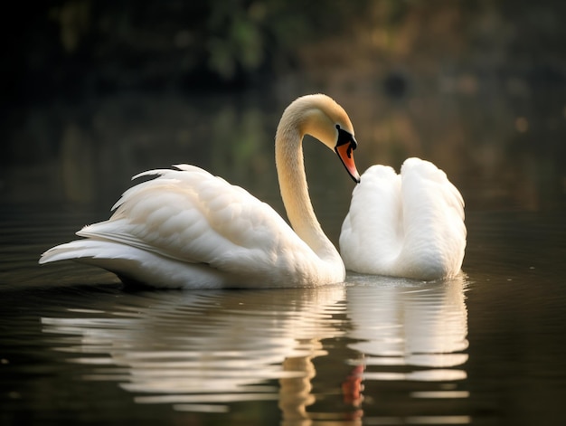 Un cisne en el agua con la cabeza girada hacia la izquierda.