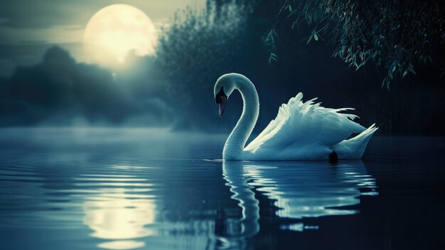 Cisne en aguas iluminadas por la luna con un ambiente sereno y místico