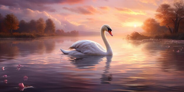 Un cisne blanco al atardecer foto para póster foto romántica para el día de San Valentín AI generativa