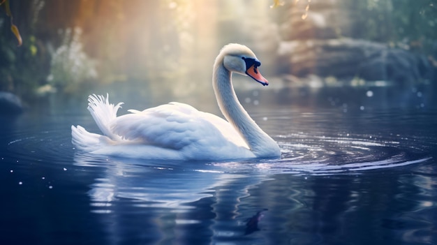 Cisne blanco nada en un lago azul encantado de fantasía