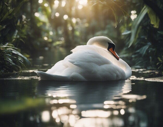 Foto un cisne blanco está nadando en un estanque con el sol brillando a través de las hojas