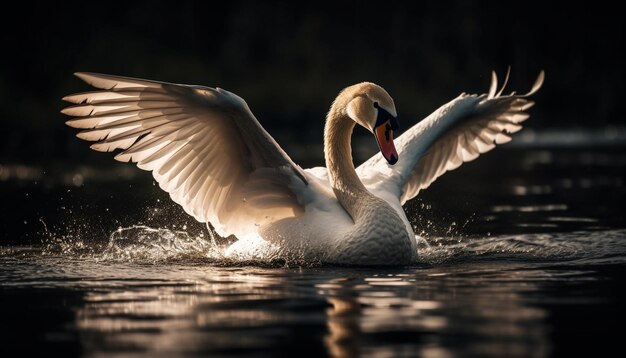 Cisne-branco abre asas em lago tranquilo gerado por IA