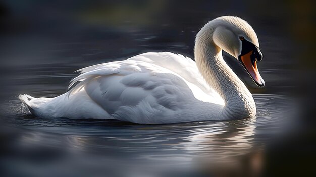 Cisne branco no lago nebuloso ao amanhecer Luzes da manhã Fundo romântico AI Generative