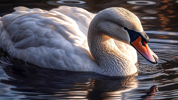 Cisne branco no lago nebuloso ao amanhecer Luzes da manhã Fundo romântico AI Generative