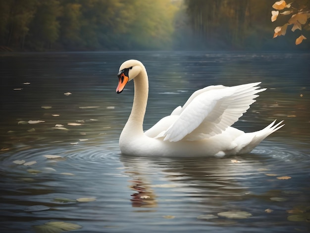 Cisne Branco Planando no Lago