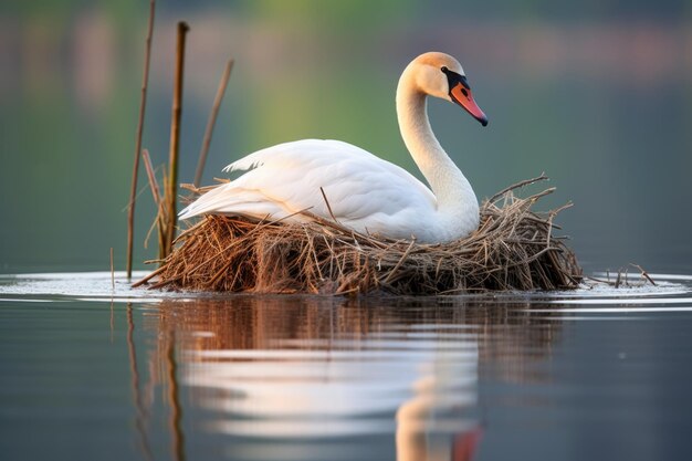 Un cisne defendiendo su nido en un lago tranquilo.