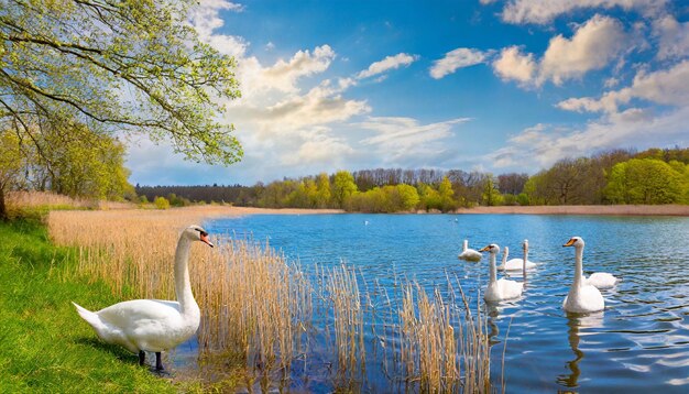 Un cisne desciende a un lago donde otras aves están nadando en el lago