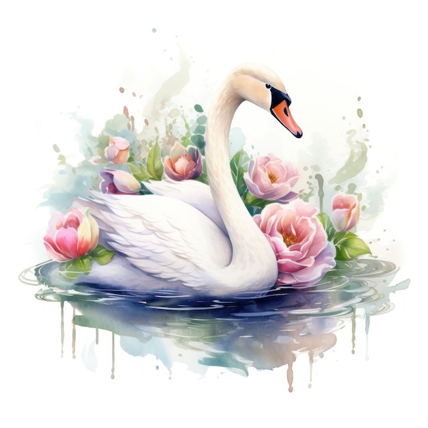 Cisne elegante em aquarela nadando graciosamente entre flores de lótus em flor geradas por IA