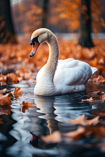 Cisne em uma paisagem de lago de outono