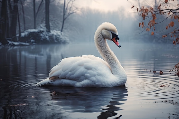 Cisne em uma paisagem de lago de outono