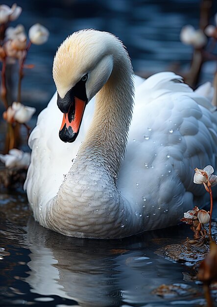 un cisne está en el agua con el pico abierto