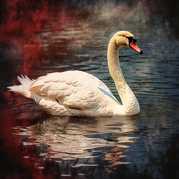 un cisne está nadando en el agua con un fondo rojo