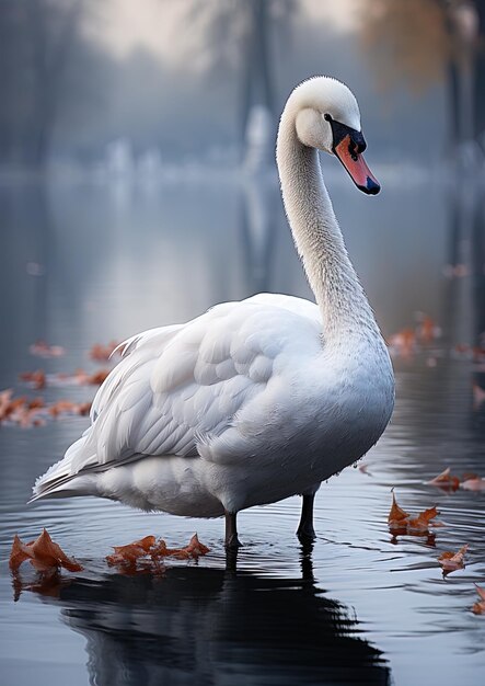 un cisne está de pie en el agua con hojas en el agua