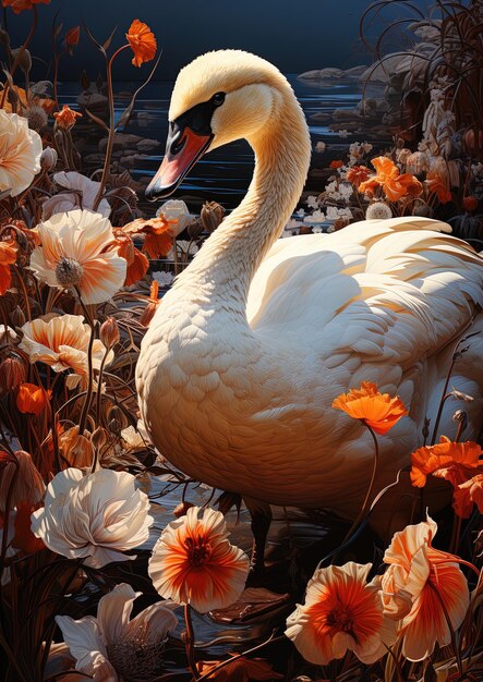 un cisne está de pie en un campo de flores