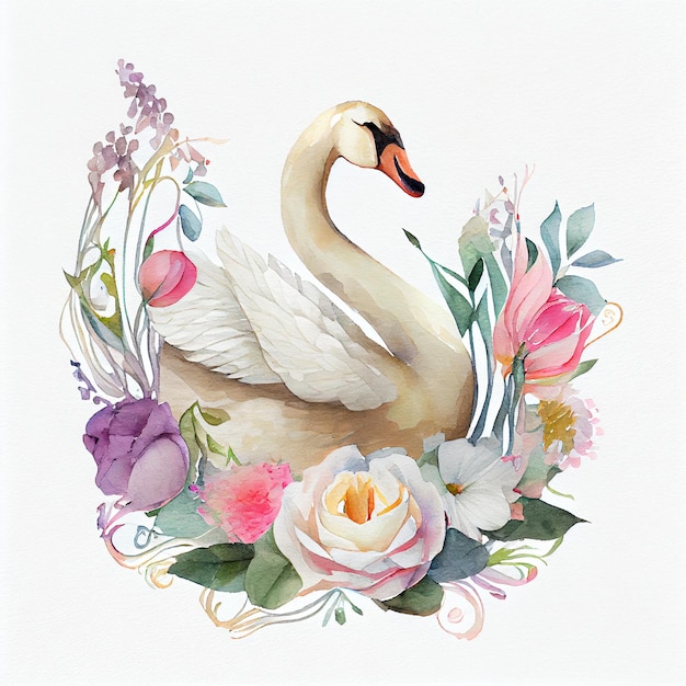 Un cisne está pintado en acuarela y tiene flores y hojas.