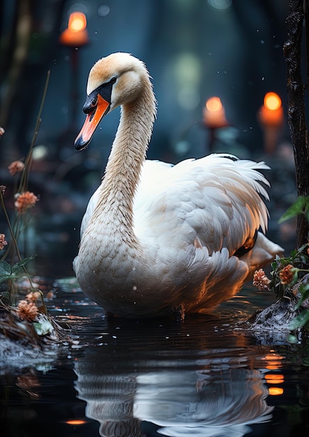 un cisne está sentado en el agua con la palabra cisne en él