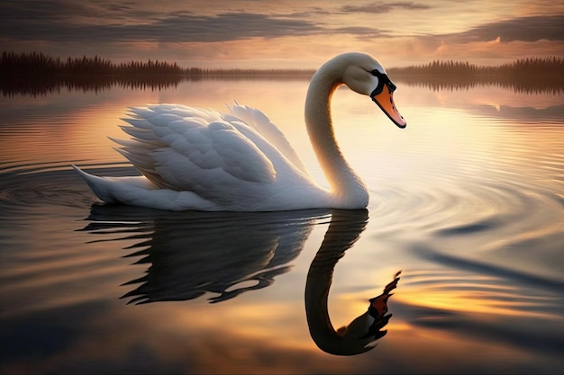 Cisne flotando en el agua cuando comienza el día