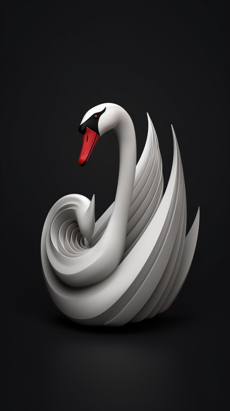 Foto un cisne de fondo negro y pico rojo.