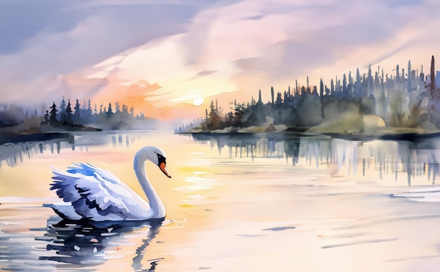 Cisne de fondo de plantilla animal acuarela con hermoso paisaje creado con IA generativa