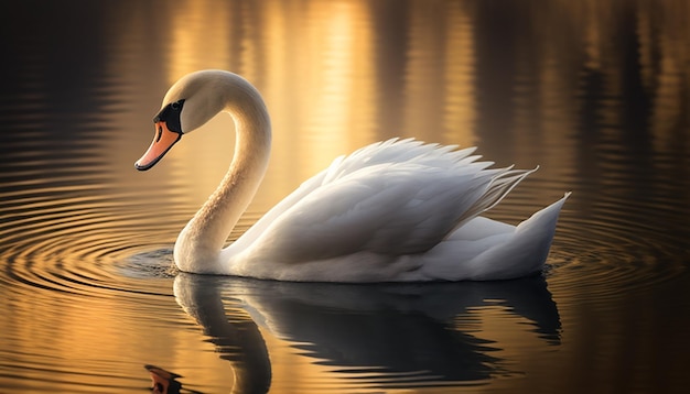 Cisne majestuoso se desliza sobre el agua tranquila del estanque generado por IA