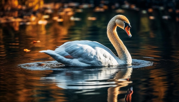 Cisne majestuoso refleja belleza natural al amanecer generado por IA