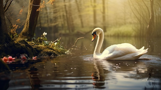 un cisne nadando en un estanque con un árbol en el fondo.