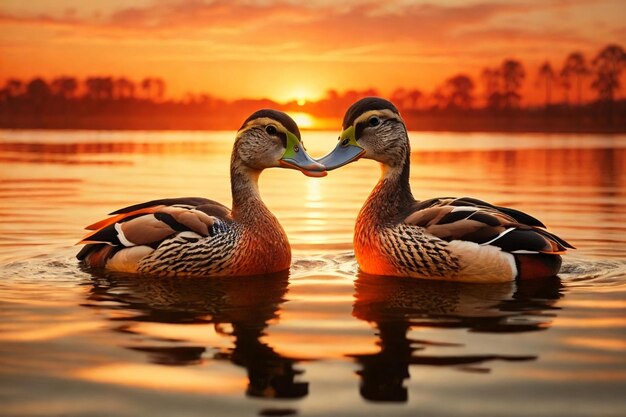 un cisne nadando en un lago al atardecer