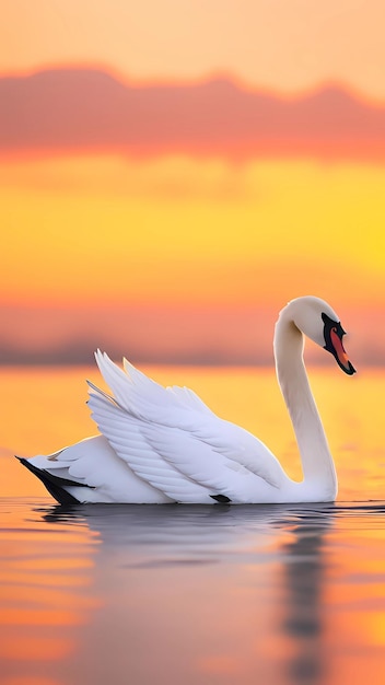 Cisne nadando no lago com fundo por do sol embaçado