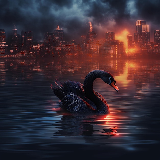 Cisne negro do mal com olhos vermelhos nadando chama noturna do mar dentro da IA generativa