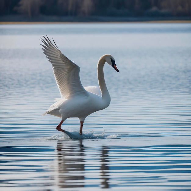 El cisne de pie en el lago con las alas extendidas en un día soleado de invierno