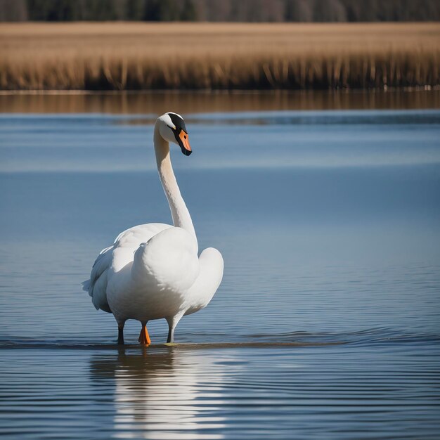 El cisne de pie en el lago con las alas extendidas en un día soleado de invierno