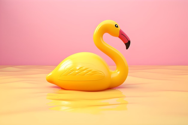 Un cisne de plástico amarillo con un pico rojo se sienta sobre un fondo amarillo.