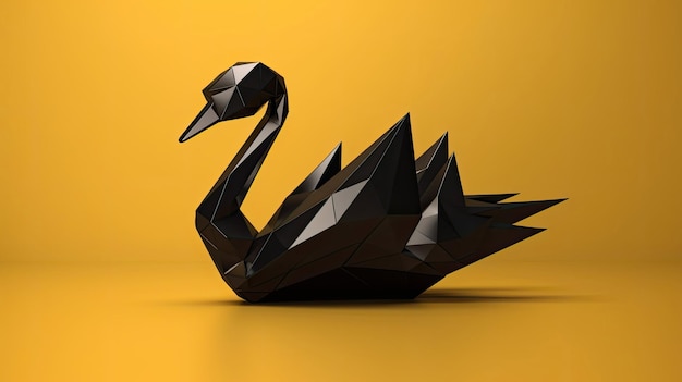 Cisne preto estilo Origami em estilo de arte 3D de fundo amarelo com tecnologia Generative AI