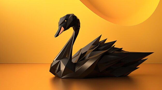 Cisne preto estilo Origami em estilo de arte 3D de fundo amarelo com tecnologia Generative AI