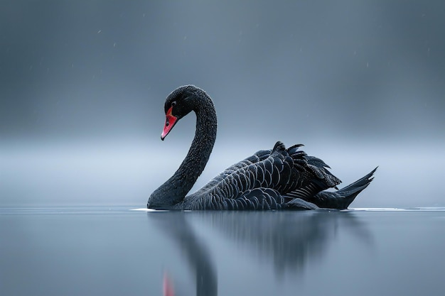 Cisne preto na água no nevoeiro Imagem de fantasia