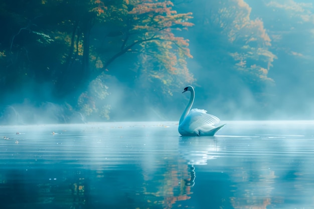 Un cisne sereno en un lago brumoso con reflejos de follaje de otoño una escena pacífica de vida silvestre y naturaleza