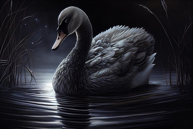 Un cisne solitario nada en un estanque bajo la luz de la luna generado por IA