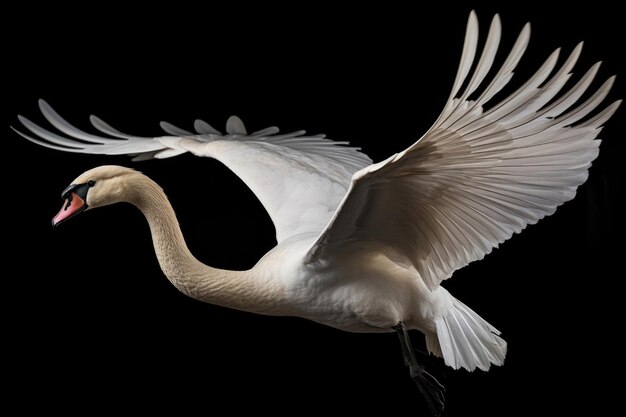 Cisne volador sobre un fondo negro