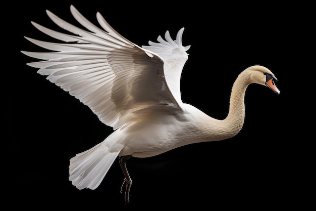 Cisne volador sobre un fondo negro