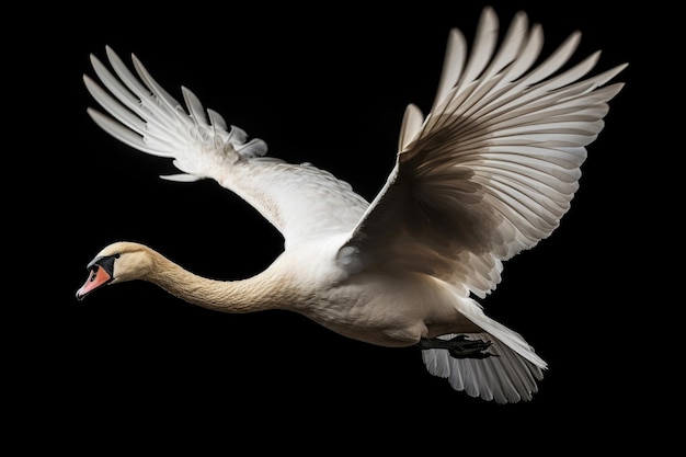 Cisne volador sobre un fondo negro