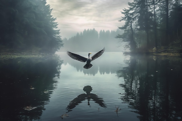 Un cisne vuela sobre un lago con un fondo brumoso.