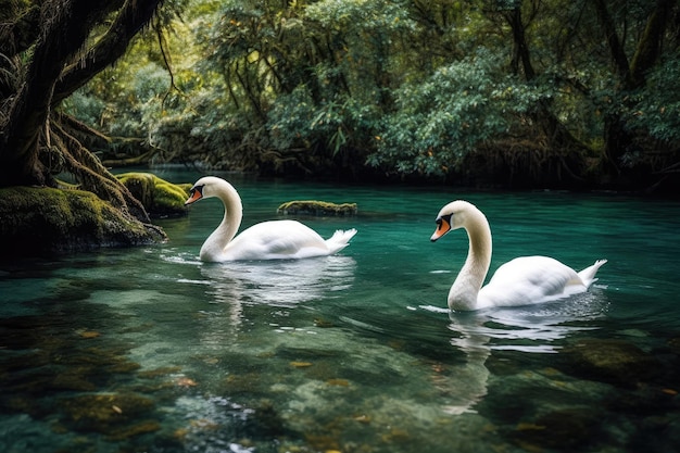 Cisnes brancos nadando graciosamente em uma lagoa IA generativa