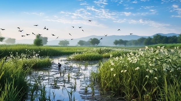 Cisnes brancos voando sobre a água Imagem criada com aquarelas
