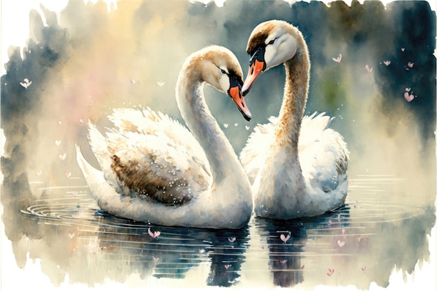 Cisnes de casal fofo na pintura em aquarela do lago