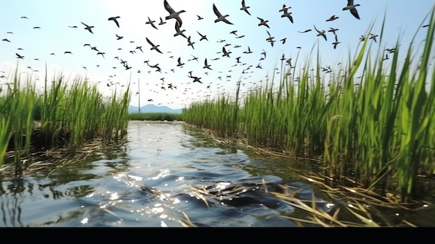 Cisnes e cisnes a nadar num lago no verão