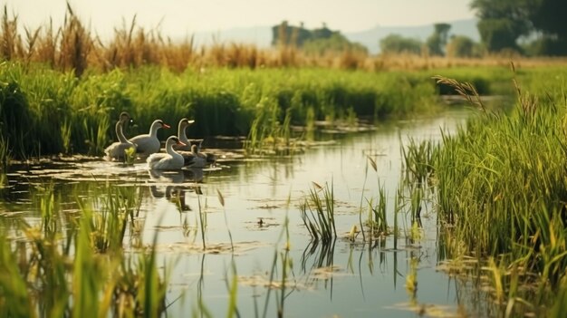 Cisnes e cisnes a nadar num lago no verão