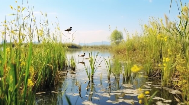 Cisnes e cisnes a nadar num lago no verão