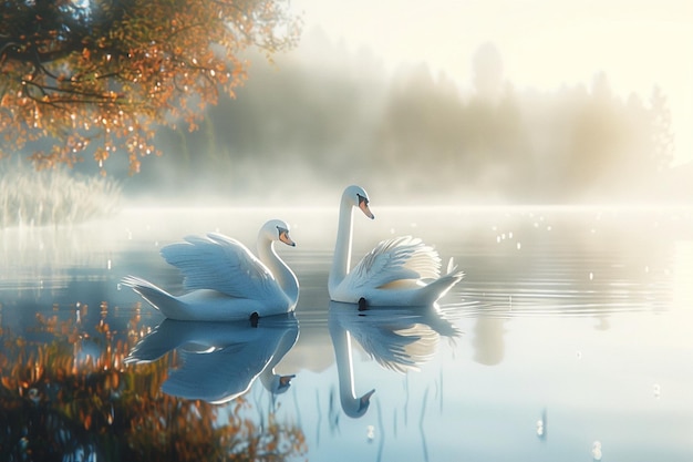 Foto cisnes elegantes deslizando graciosamente em um lago tranquilo