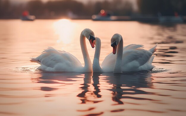 Cisnes formando coração de amor no lago turvo na madrugada